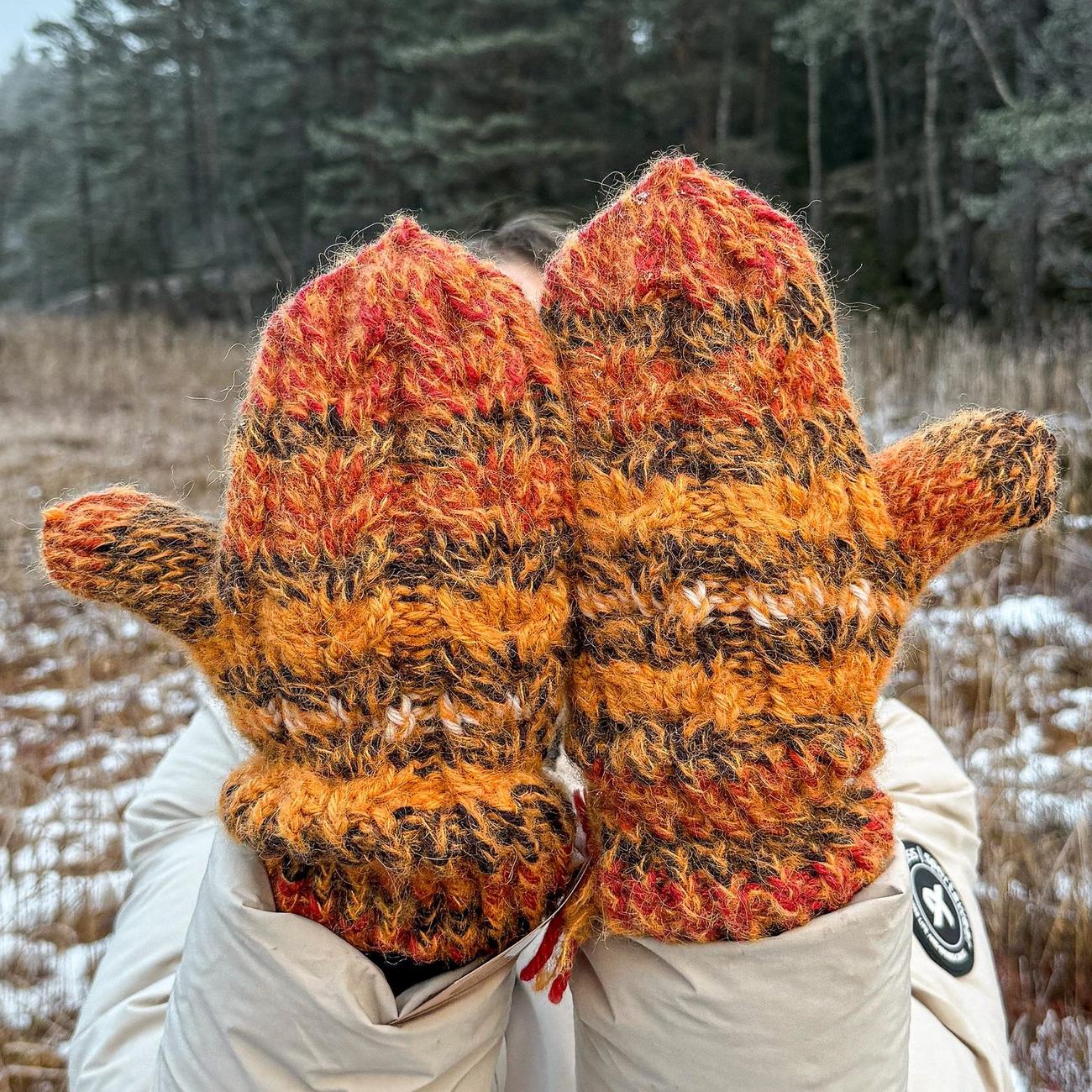 Two hands in wool and alpaca mittens raised against the winter field