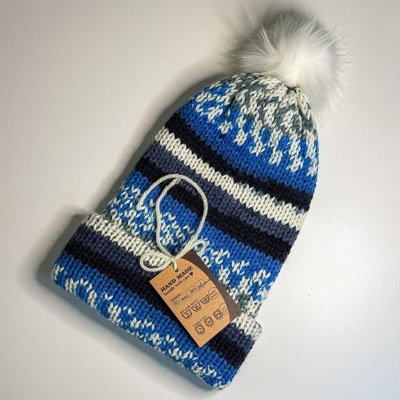 Blue wool beanie with pom, photo 3